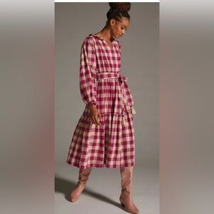 Anthropologie Mille V Neck plaid tiered midi dress in Raspberry